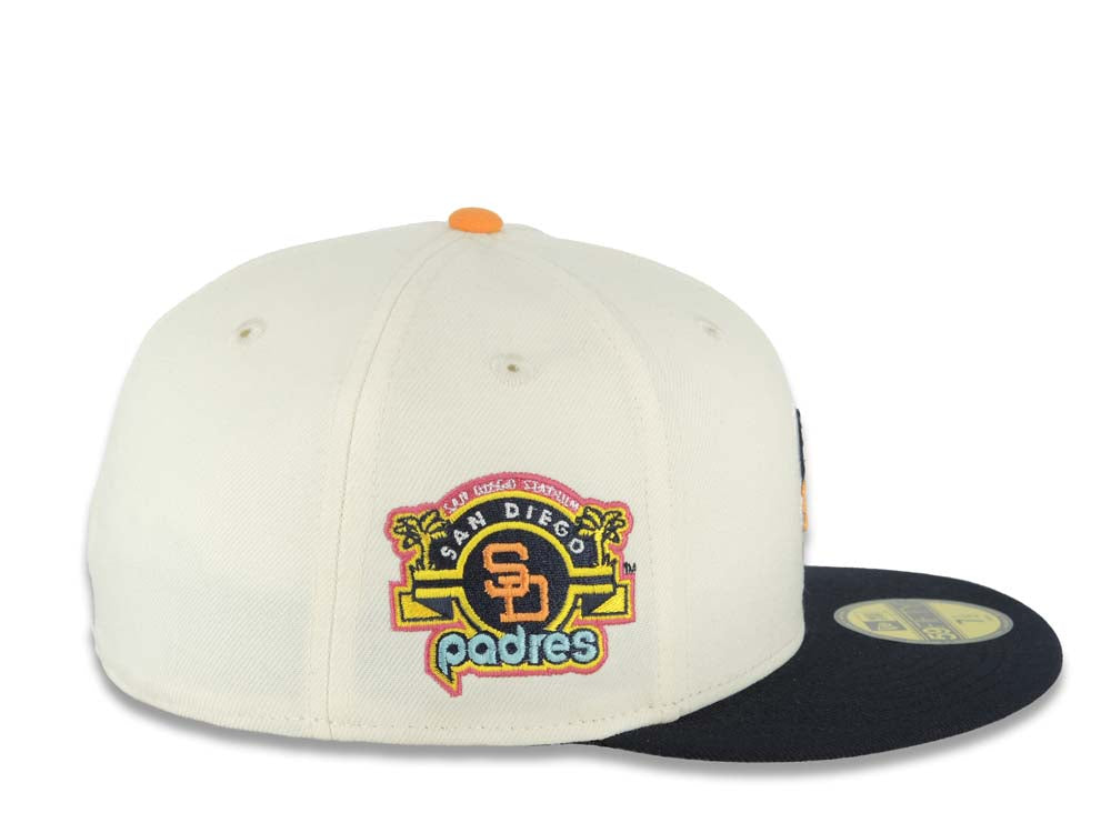 San Diego Padres New Era MLB 59FIFTY 5950 Fitted Cap Hat Cream Crown Navy Blue Visor Orange/Yellow Swinging Friar Logo Stadium Side Patch Gray UV