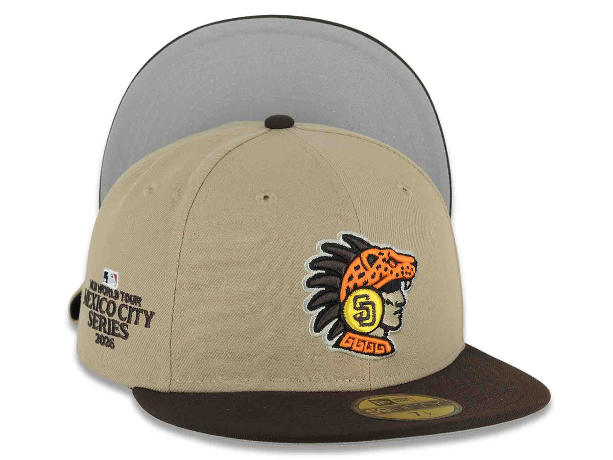 San Diego Padres New Era MLB 59FIFTY 5950 Fitted Cap Hat Khaki Crown Dark Brown Visor Orange/Brown Logo 2026 World Tour Mexico City Series Side Patch