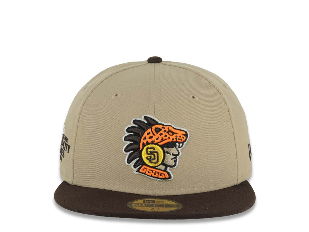 San Diego Padres New Era MLB 59FIFTY 5950 Fitted Cap Hat Khaki Crown Dark Brown Visor Orange/Brown Logo 2026 World Tour Mexico City Series Side Patch