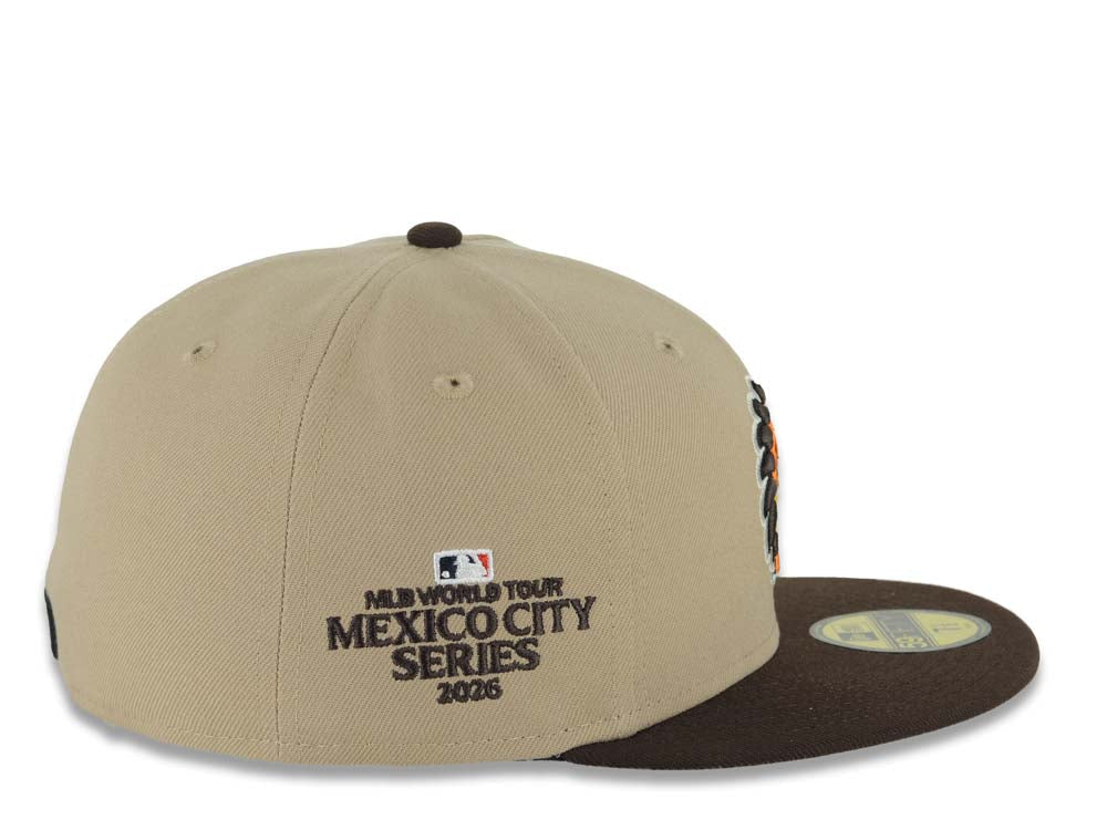 San Diego Padres New Era MLB 59FIFTY 5950 Fitted Cap Hat Khaki Crown Dark Brown Visor Orange/Brown Logo 2026 World Tour Mexico City Series Side Patch