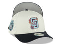 San Diego Padres New Era MLB 9FORTY 940 Adjustable A-Frame Cap Hat Cream Crown Navy Blue Visor Turquoise Logo With Rose 20 Years Petco Park Side Patch