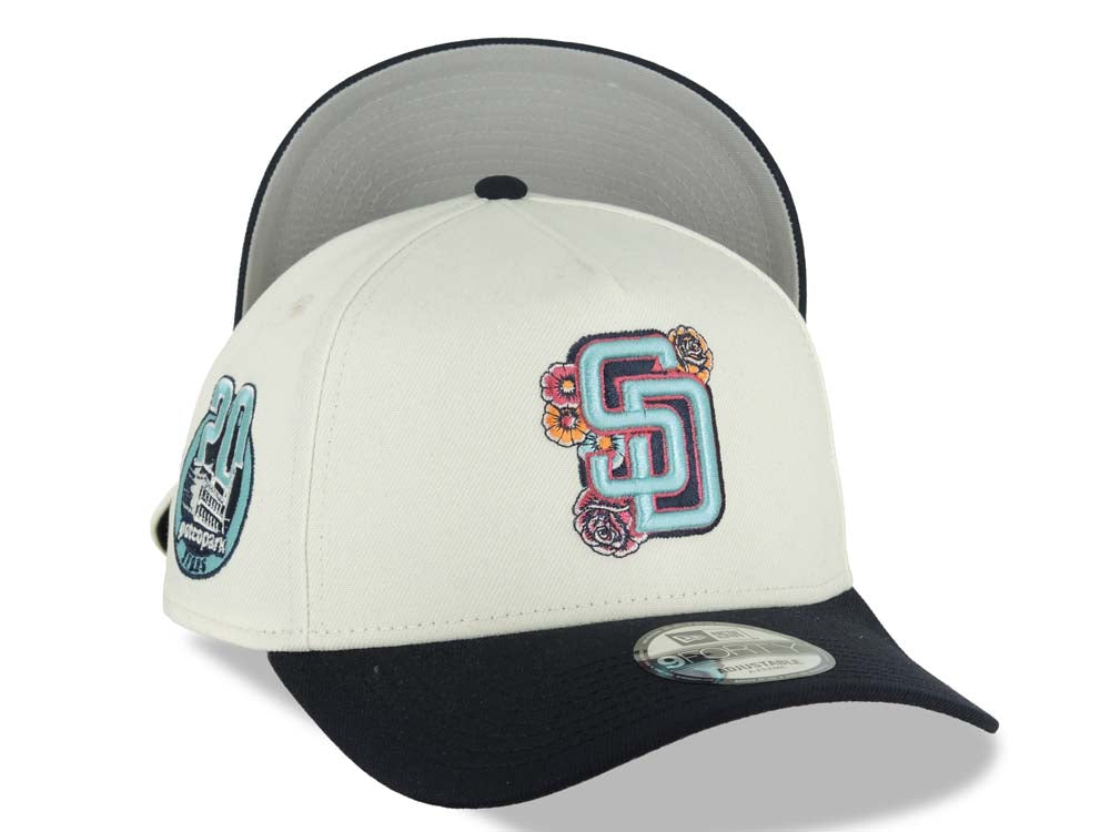 San Diego Padres New Era MLB 9FORTY 940 Adjustable A-Frame Cap Hat Cream Crown Navy Blue Visor Turquoise Logo With Rose 20 Years Petco Park Side Patch