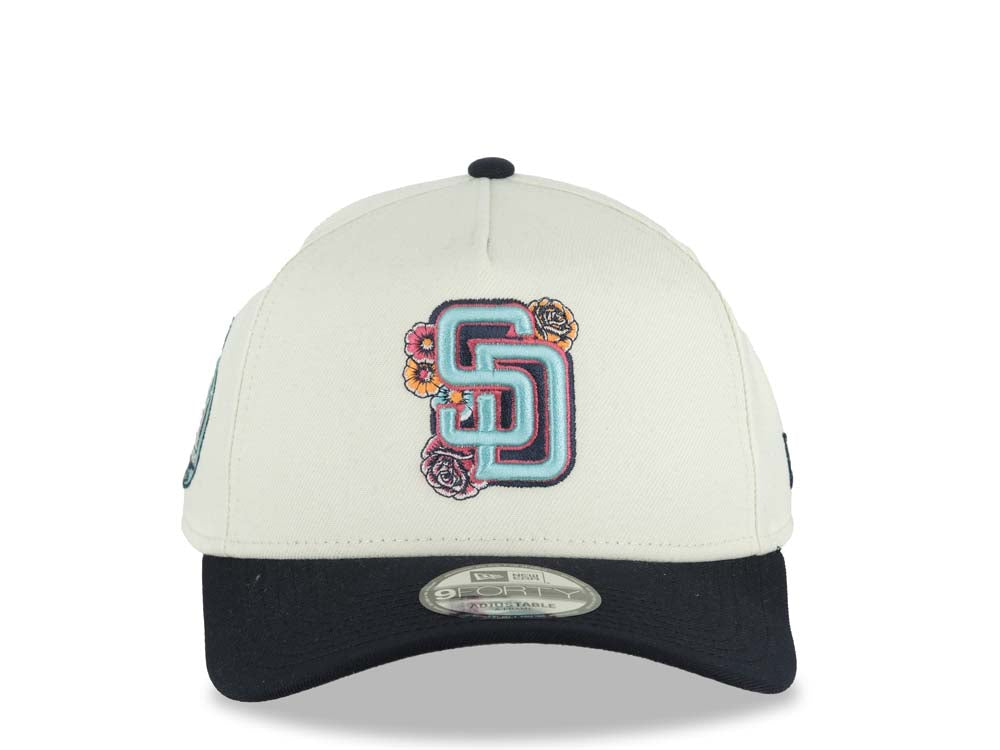 San Diego Padres New Era MLB 9FORTY 940 Adjustable A-Frame Cap Hat Cream Crown Navy Blue Visor Turquoise Logo With Rose 20 Years Petco Park Side Patch