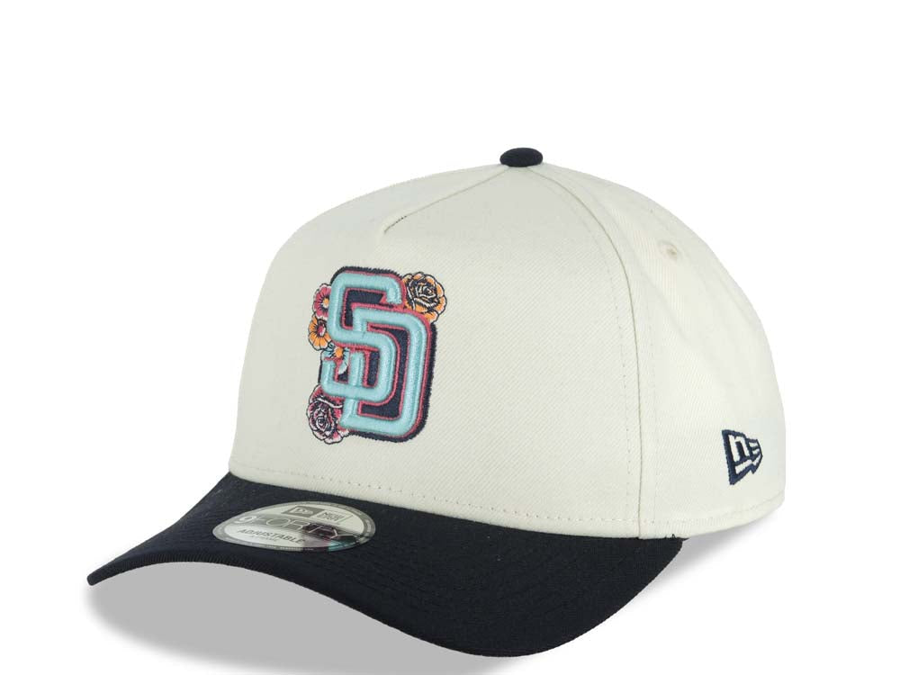 San Diego Padres New Era MLB 9FORTY 940 Adjustable A-Frame Cap Hat Cream Crown Navy Blue Visor Turquoise Logo With Rose 20 Years Petco Park Side Patch