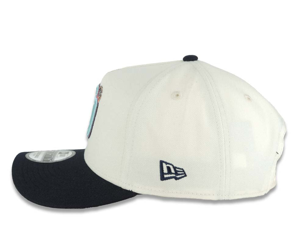 San Diego Padres New Era MLB 9FORTY 940 Adjustable A-Frame Cap Hat Cream Crown Navy Blue Visor Turquoise Logo With Rose 20 Years Petco Park Side Patch