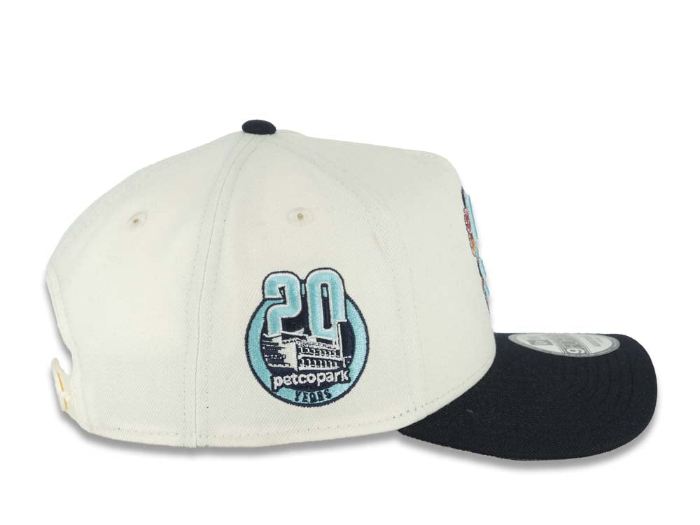 San Diego Padres New Era MLB 9FORTY 940 Adjustable A-Frame Cap Hat Cream Crown Navy Blue Visor Turquoise Logo With Rose 20 Years Petco Park Side Patch