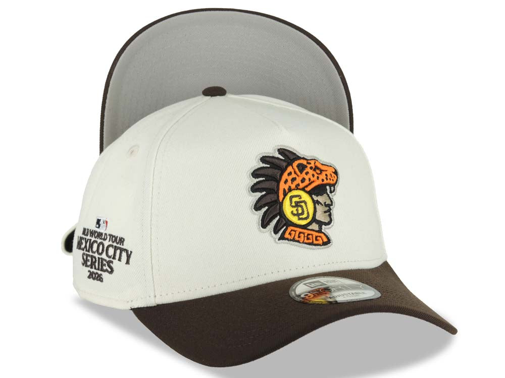 San Diego Padres New Era MLB 9FORTY 940 Adjustable A-Frame Cap Cream Crown Brown Visor Team Color Logo 2026 World Tour Mexico City Series Side Patch