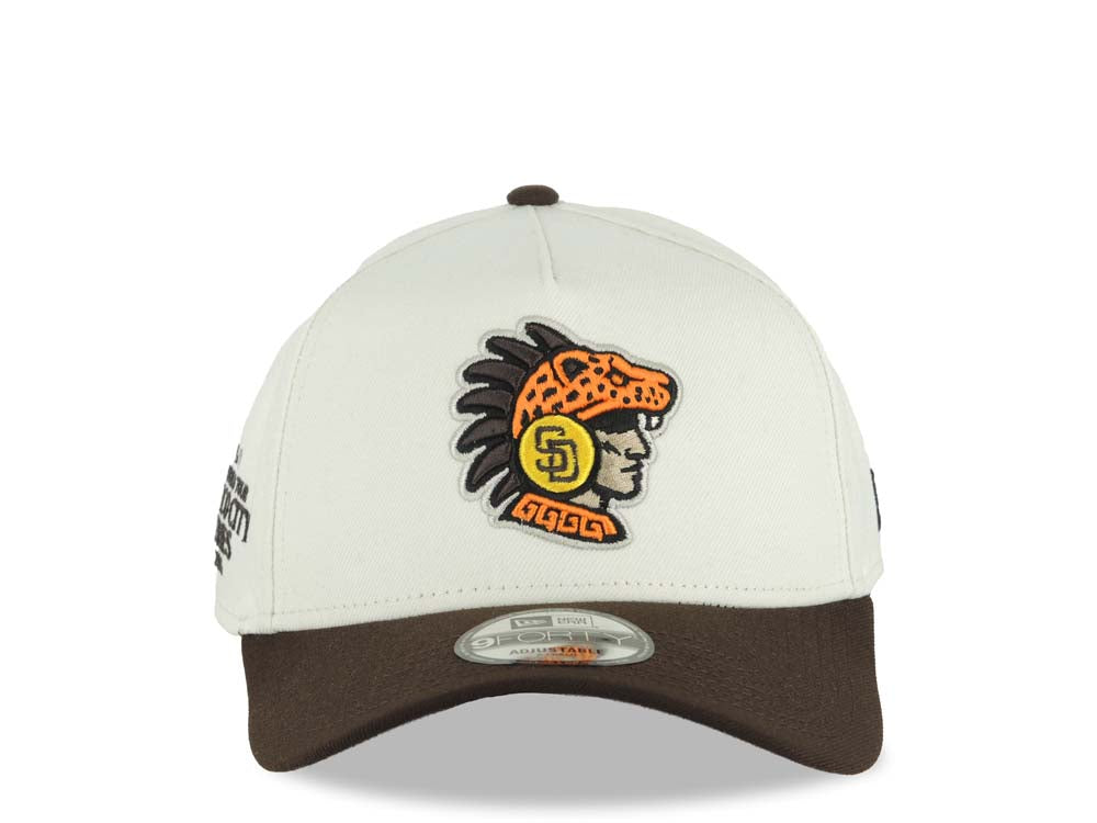 San Diego Padres New Era MLB 9FORTY 940 Adjustable A-Frame Cap Cream Crown Brown Visor Team Color Logo 2026 World Tour Mexico City Series Side Patch