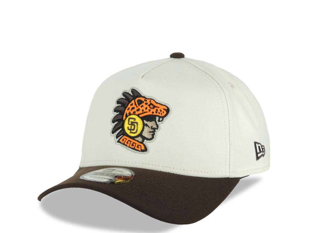 San Diego Padres New Era MLB 9FORTY 940 Adjustable A-Frame Cap Cream Crown Brown Visor Team Color Logo 2026 World Tour Mexico City Series Side Patch