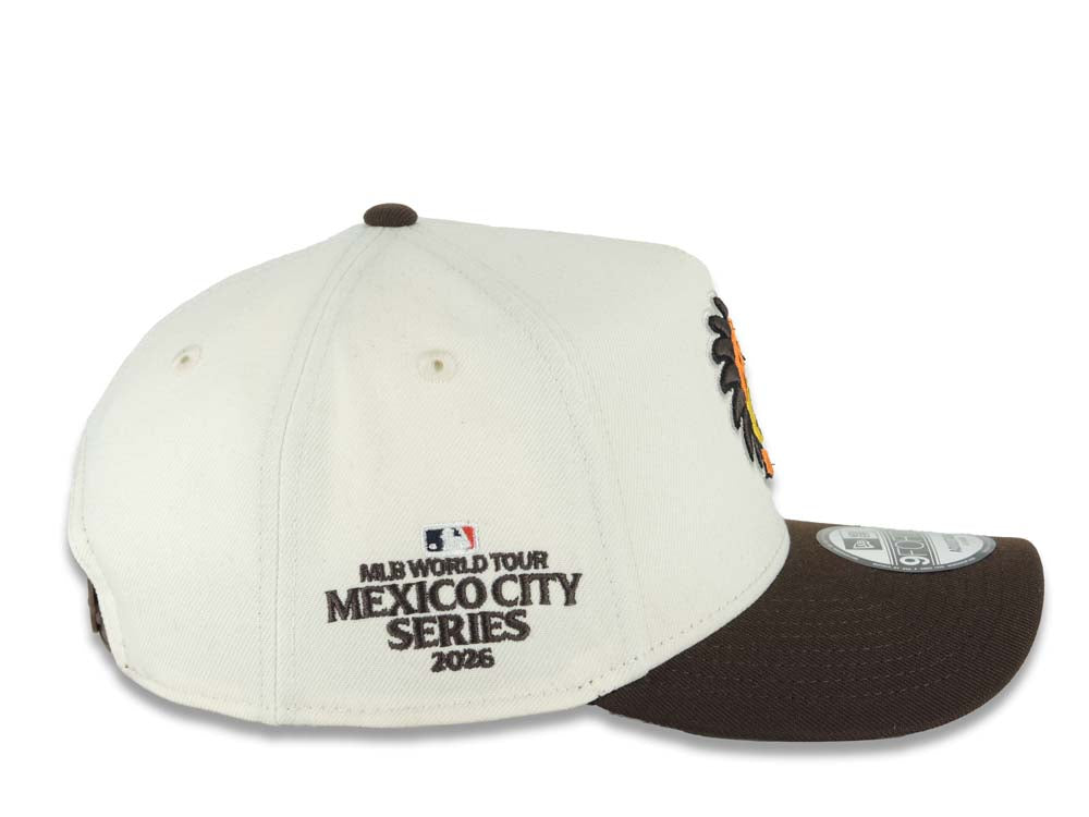 San Diego Padres New Era MLB 9FORTY 940 Adjustable A-Frame Cap Cream Crown Brown Visor Team Color Logo 2026 World Tour Mexico City Series Side Patch