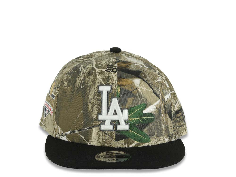 (Youth) Los Angeles Dodgers New Era MLB 9FIFTY 950 Snapback Cap Real Tree Camo Crown Black Visor Glow White/Black Logo 2025 Champions Side Patch