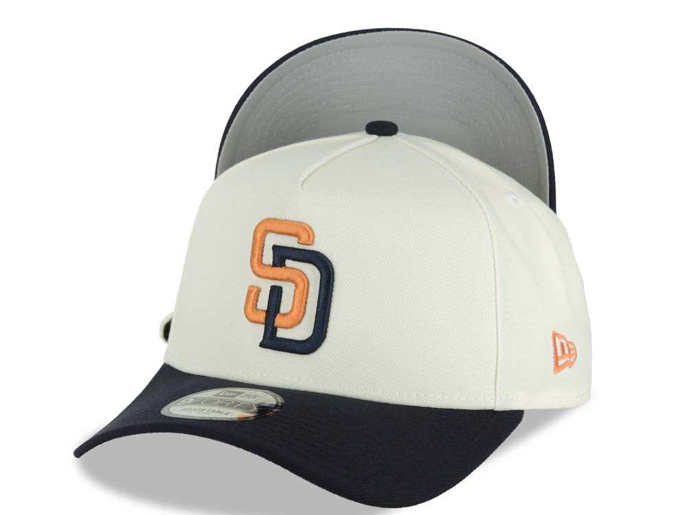 San Diego Padres New Era MLB 9FORTY 940 Adjustable A-Frame Cap Hat Cream Crown Navy Blue Visor Orange/Navy Blue Logo Gray UV (2026 City Connect)