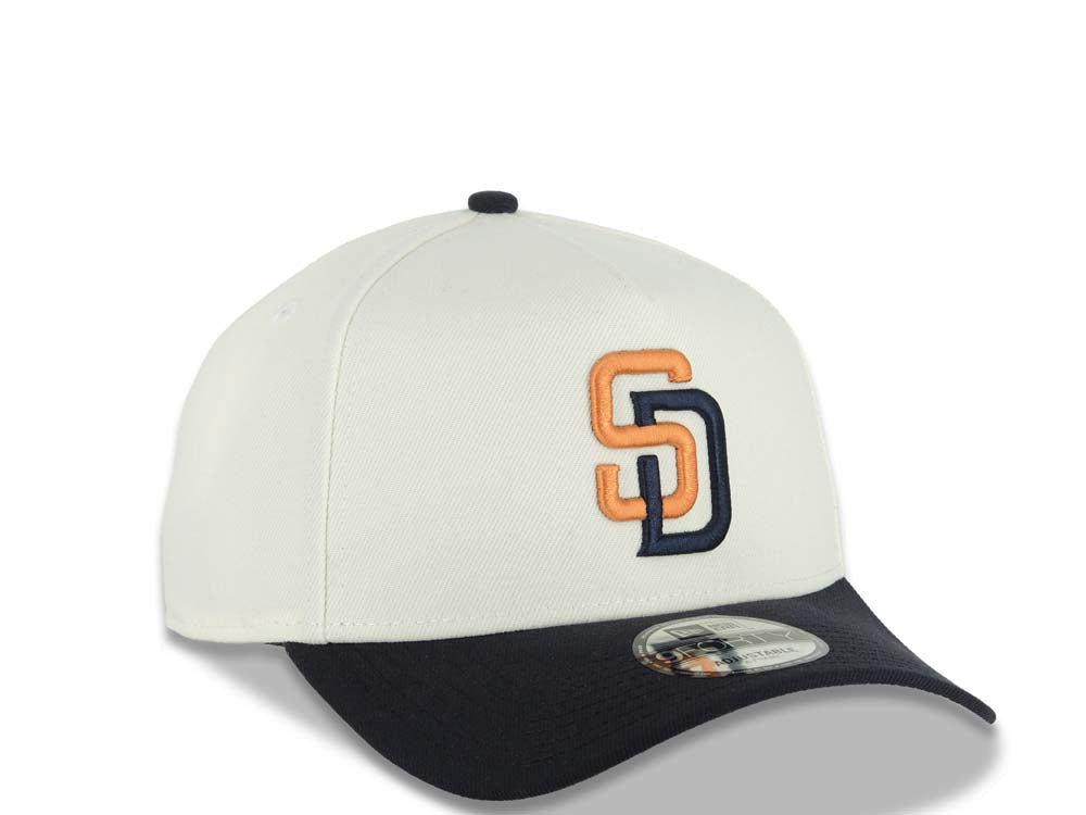 San Diego Padres New Era MLB 9FORTY 940 Adjustable A-Frame Cap Hat Cream Crown Navy Blue Visor Orange/Navy Blue Logo Gray UV (2026 City Connect)