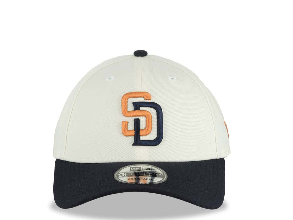 San Diego Padres New Era MLB 9FORTY 940 Adjustable Cap Hat Cream Crown Navy Blue Visor Orange/Navy Blue Logo Gray UV (2026 City Connect)