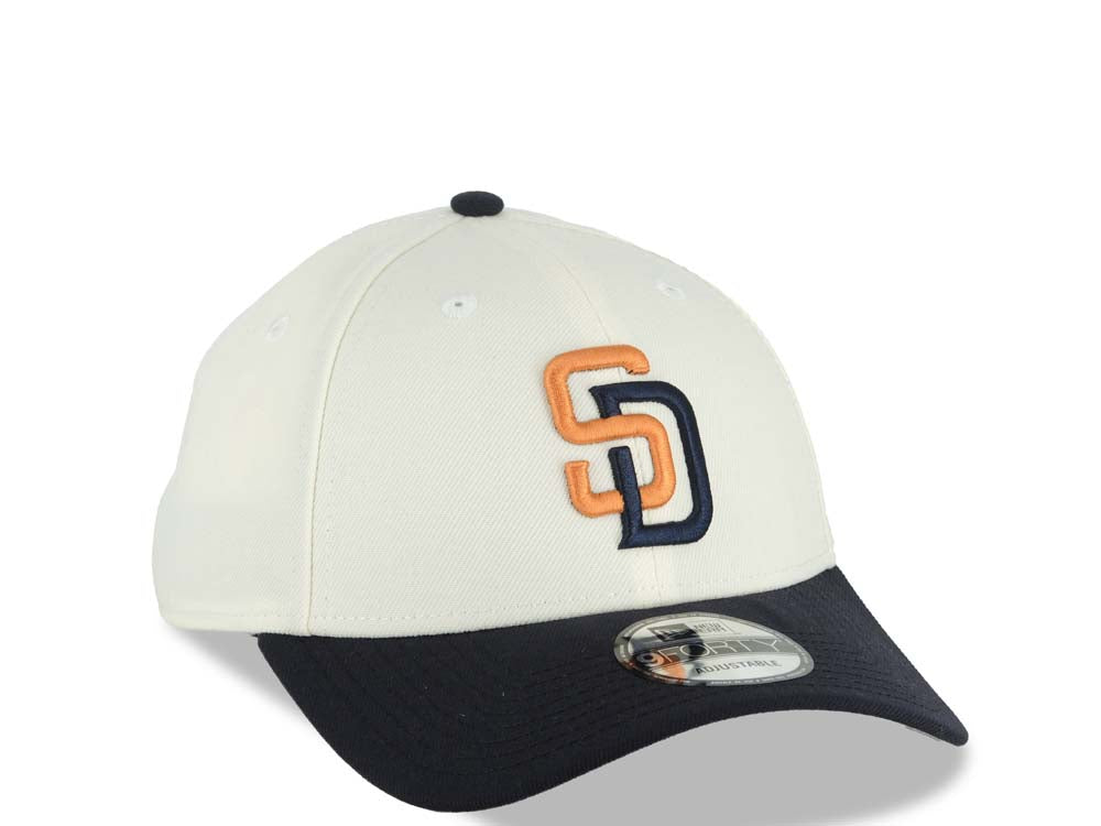 San Diego Padres New Era MLB 9FORTY 940 Adjustable Cap Hat Cream Crown Navy Blue Visor Orange/Navy Blue Logo Gray UV (2026 City Connect)