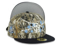 San Diego Padres New Era MLB 59FIFTY 5950 Fitted Cap Hat Real Tree Edge Camo Crown Navy Blue Visor White Logo With Roses 40th Anniversary Side Patch