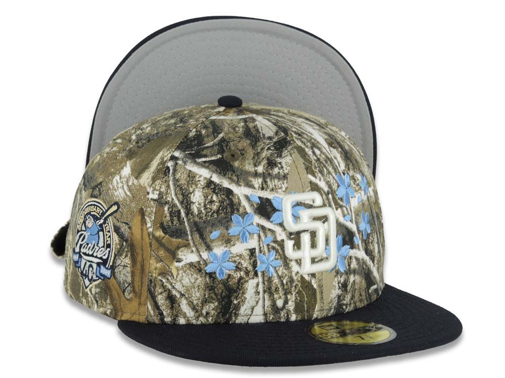 San Diego Padres New Era MLB 59FIFTY 5950 Fitted Cap Hat Real Tree Edge Camo Crown Navy Blue Visor White Logo With Roses 40th Anniversary Side Patch