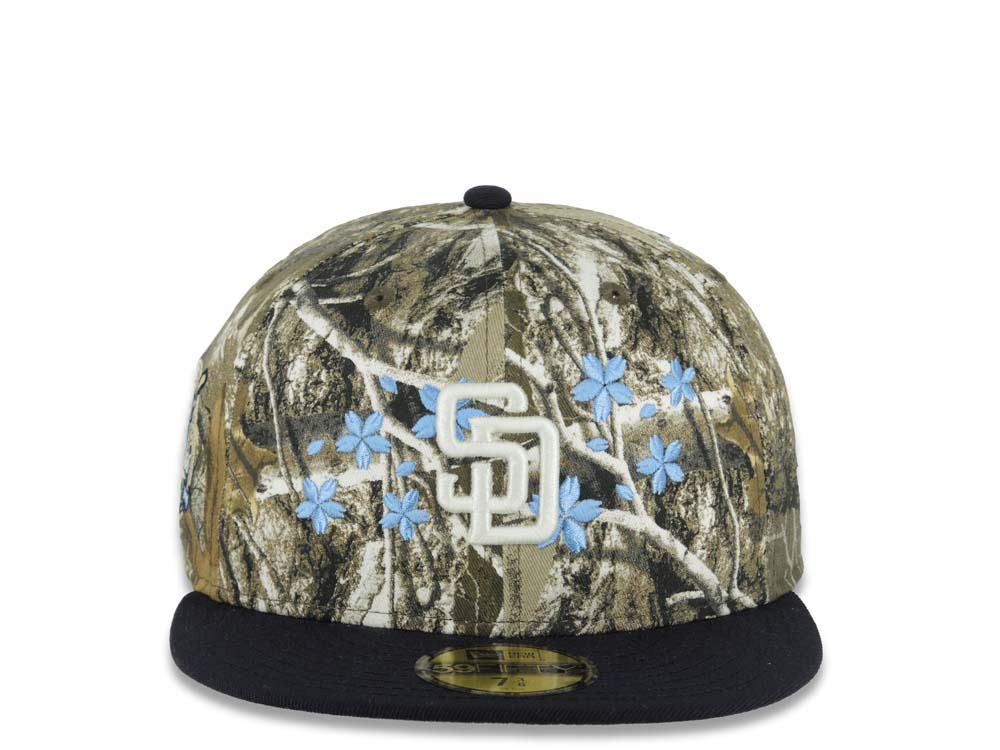 San Diego Padres New Era MLB 59FIFTY 5950 Fitted Cap Hat Real Tree Edge Camo Crown Navy Blue Visor White Logo With Roses 40th Anniversary Side Patch