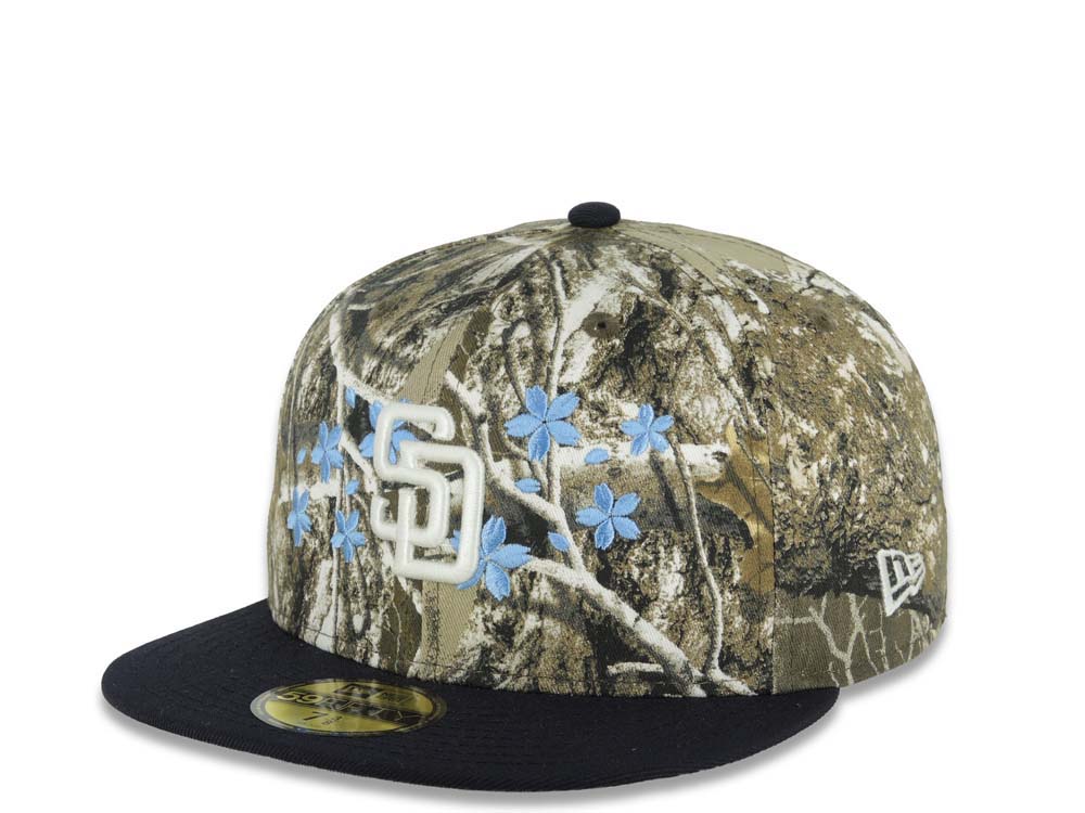 San Diego Padres New Era MLB 59FIFTY 5950 Fitted Cap Hat Real Tree Edge Camo Crown Navy Blue Visor White Logo With Roses 40th Anniversary Side Patch