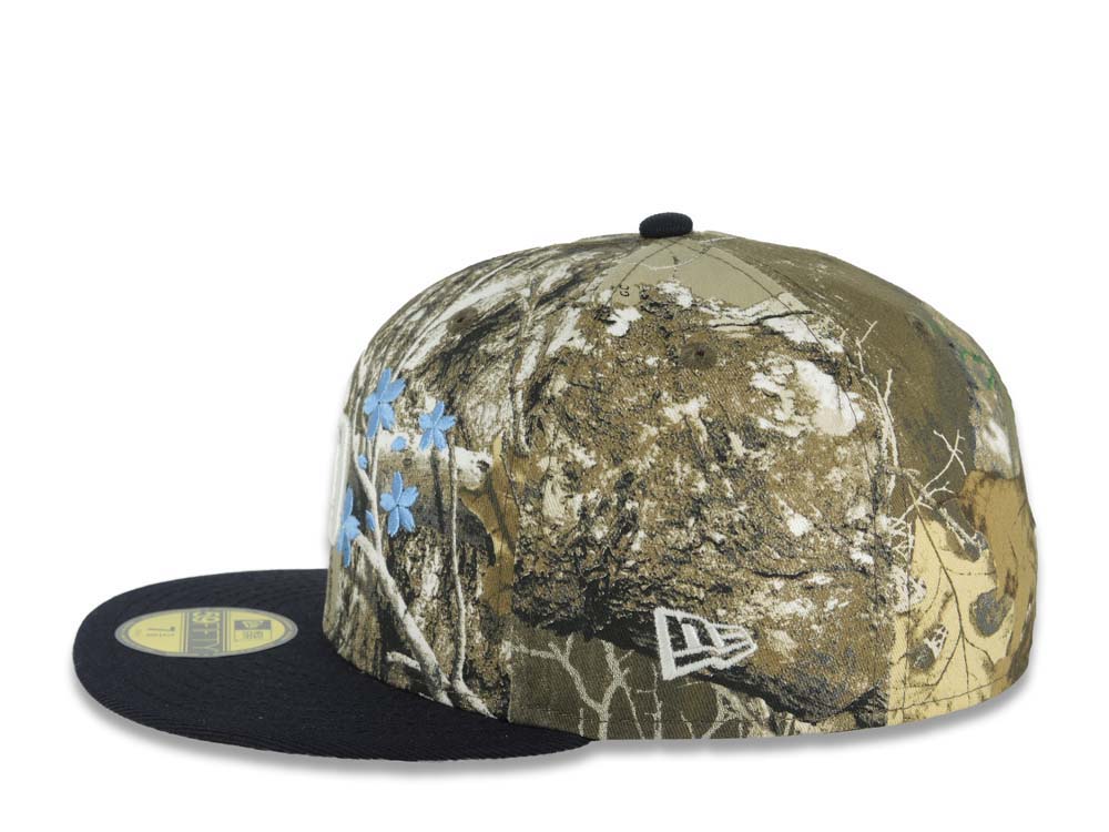 San Diego Padres New Era MLB 59FIFTY 5950 Fitted Cap Hat Real Tree Edge Camo Crown Navy Blue Visor White Logo With Roses 40th Anniversary Side Patch