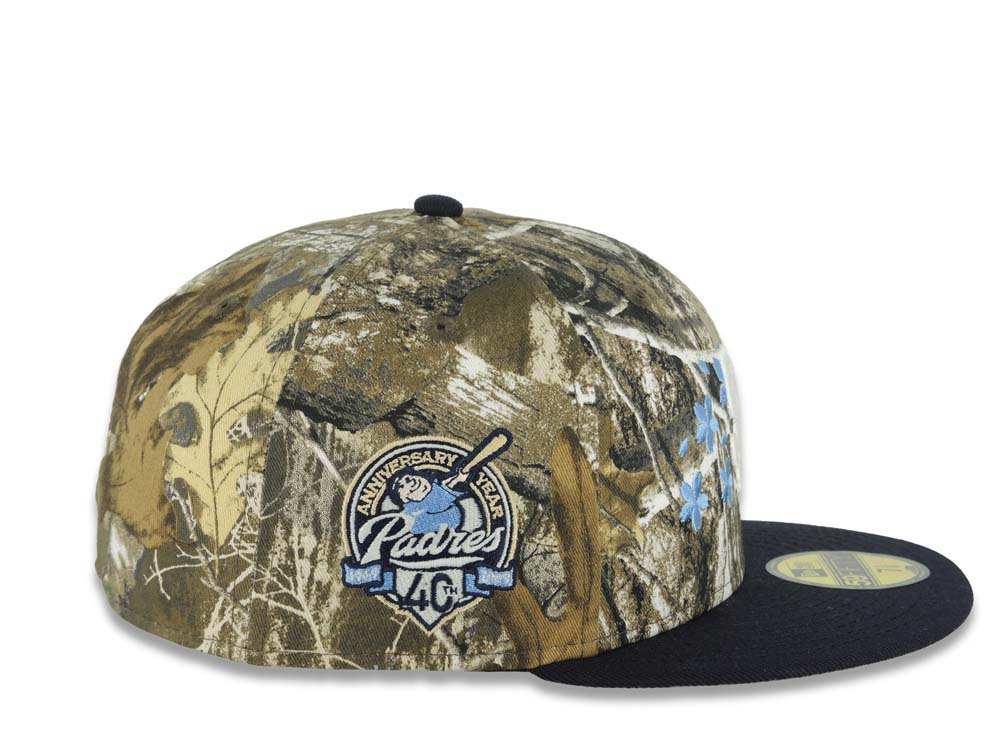 San Diego Padres New Era MLB 59FIFTY 5950 Fitted Cap Hat Real Tree Edge Camo Crown Navy Blue Visor White Logo With Roses 40th Anniversary Side Patch