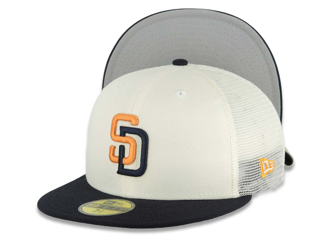 San Diego Padres New Era MLB 59FIFTY 5950 Mesh Trucker Fitted Cap Hat Cream Crown Navy Blue Visor Orange/Navy Blue Logo (2026 City Connect 2.0)
