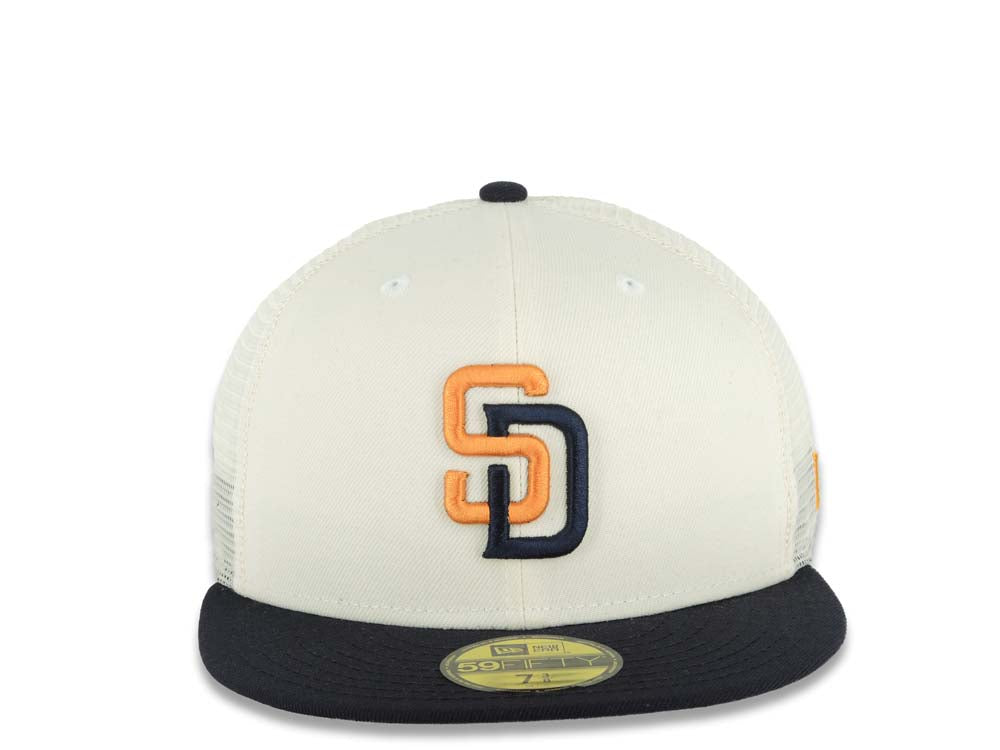 San Diego Padres New Era MLB 59FIFTY 5950 Mesh Trucker Fitted Cap Hat Cream Crown Navy Blue Visor Orange/Navy Blue Logo (2026 City Connect 2.0)