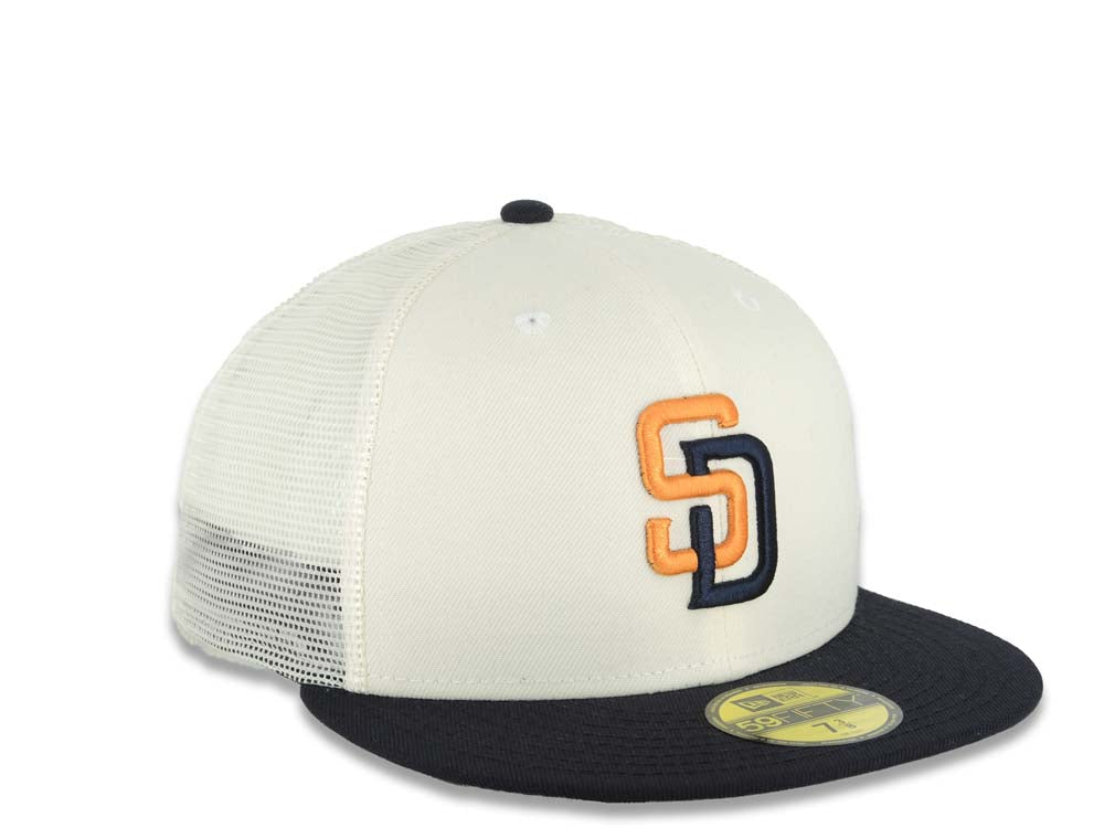 San Diego Padres New Era MLB 59FIFTY 5950 Mesh Trucker Fitted Cap Hat Cream Crown Navy Blue Visor Orange/Navy Blue Logo (2026 City Connect 2.0)