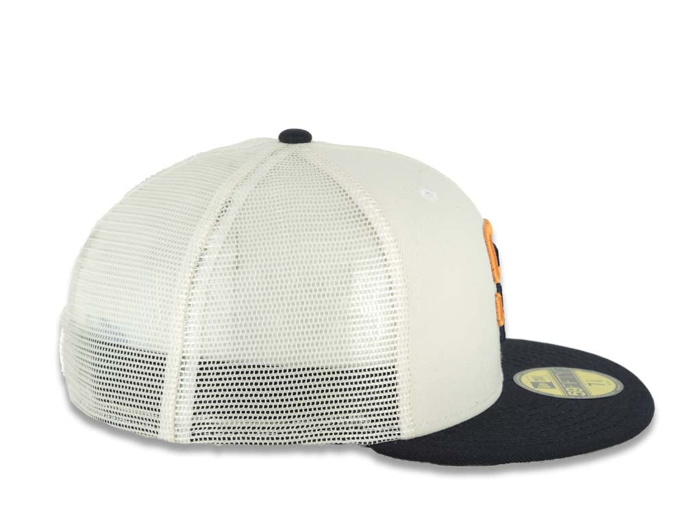 San Diego Padres New Era MLB 59FIFTY 5950 Mesh Trucker Fitted Cap Hat Cream Crown Navy Blue Visor Orange/Navy Blue Logo (2026 City Connect 2.0)