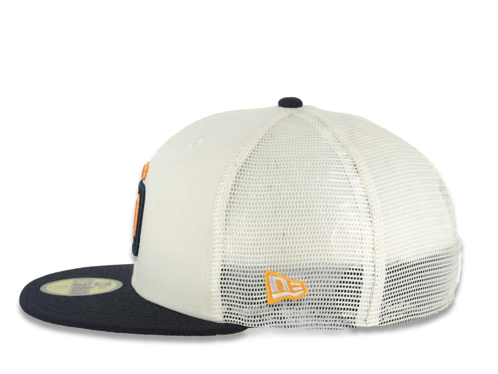 San Diego Padres New Era MLB 59FIFTY 5950 Mesh Trucker Fitted Cap Hat Cream Crown Navy Blue Visor Orange/Navy Blue Logo (2026 City Connect 2.0)