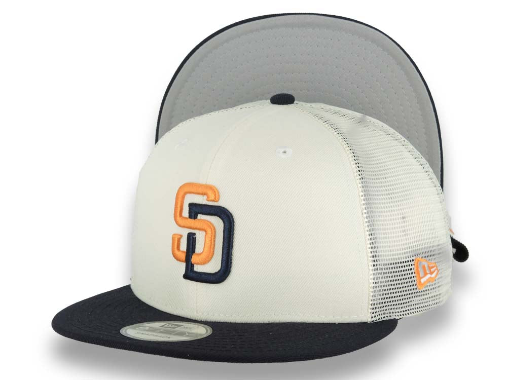 San Diego Padres New Era MLB 9FIFTY 950 Mesh Trucher Snapback Cap Hat Cream Crown Navy Blue Visor Orange/Navy Blue Logo (2026 City Connect 2.0)