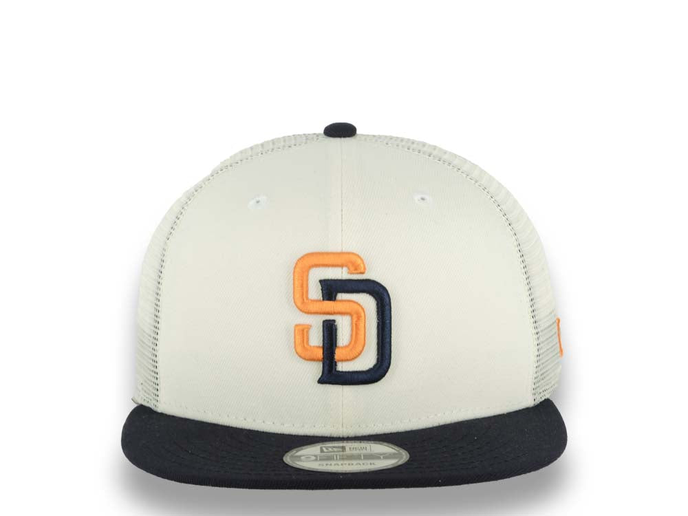 San Diego Padres New Era MLB 9FIFTY 950 Mesh Trucher Snapback Cap Hat Cream Crown Navy Blue Visor Orange/Navy Blue Logo (2026 City Connect 2.0)