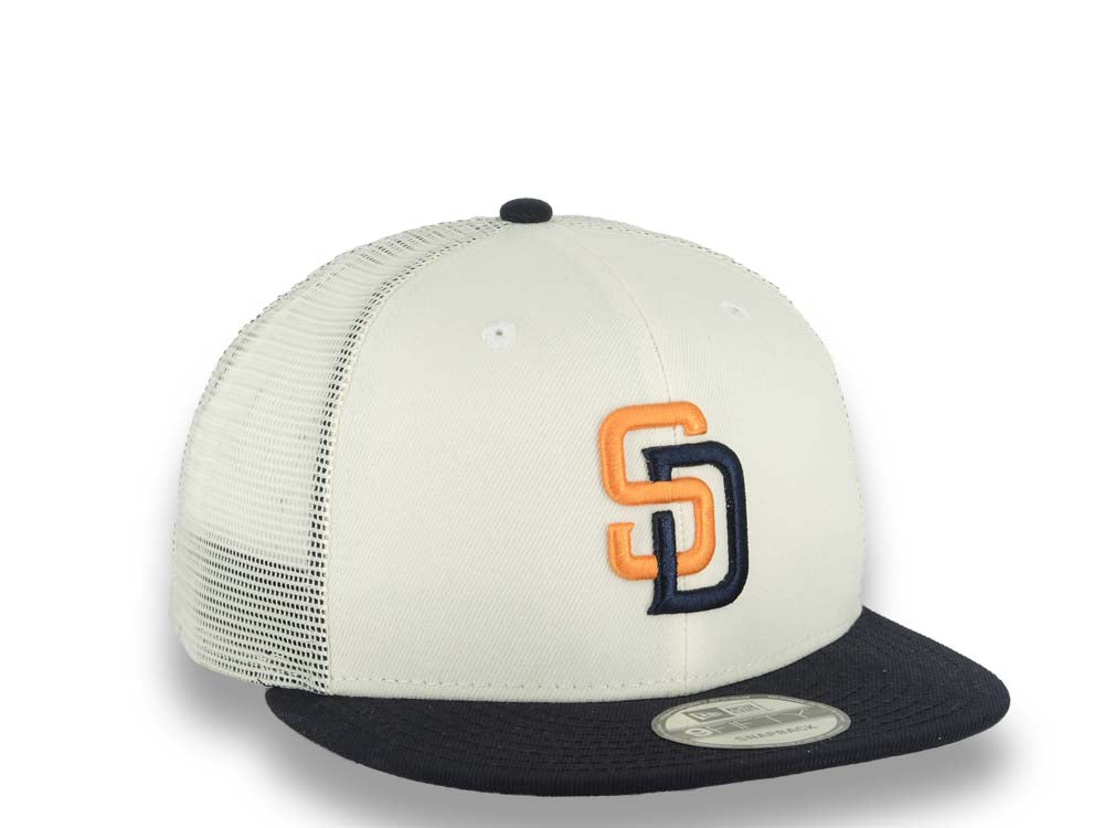 San Diego Padres New Era MLB 9FIFTY 950 Mesh Trucher Snapback Cap Hat Cream Crown Navy Blue Visor Orange/Navy Blue Logo (2026 City Connect 2.0)