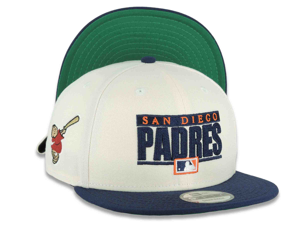 San Diego Padres New Era MLB 9FIFTY 950 Snapback Cap Hat Cream Crown Navy Blue Visor Navy Blue/Orange Script Logo Swinging Friar Side Patch Green UV