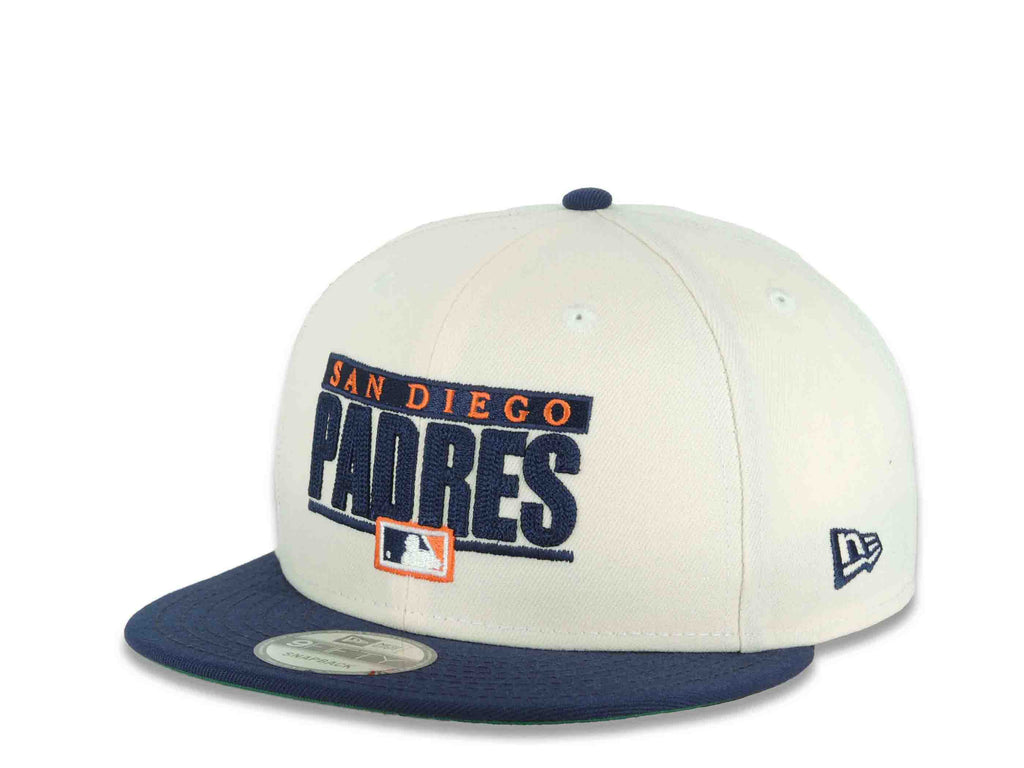 San Diego Padres New Era MLB 9FIFTY 950 Snapback Cap Hat Cream Crown Navy Blue Visor Navy Blue/Orange Script Logo Swinging Friar Side Patch Green UV