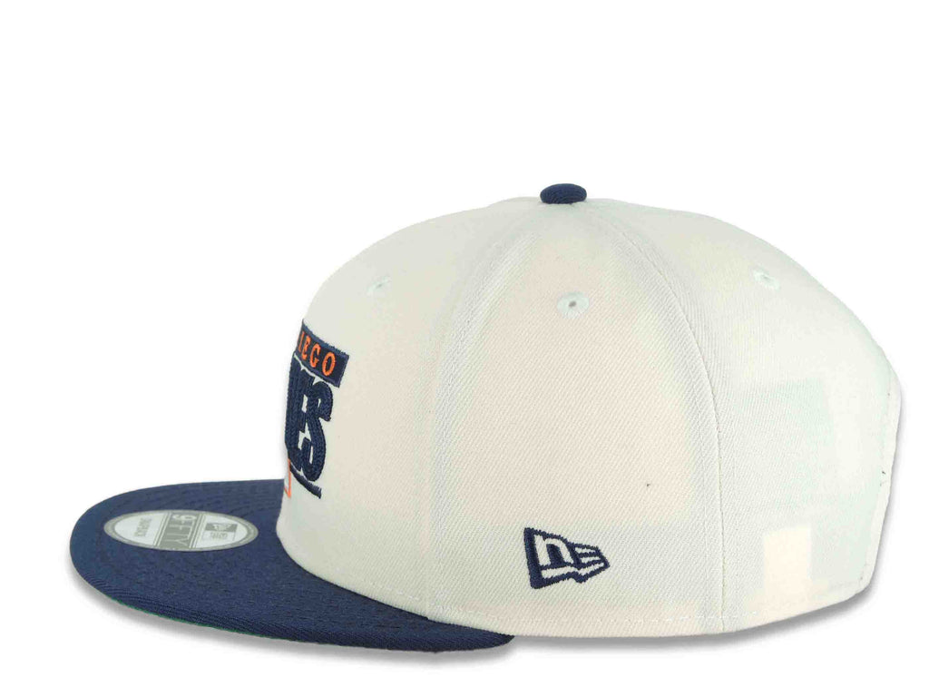 San Diego Padres New Era MLB 9FIFTY 950 Snapback Cap Hat Cream Crown Navy Blue Visor Navy Blue/Orange Script Logo Swinging Friar Side Patch Green UV