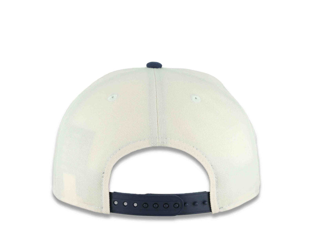 San Diego Padres New Era MLB 9FIFTY 950 Snapback Cap Hat Cream Crown Navy Blue Visor Navy Blue/Orange Script Logo Swinging Friar Side Patch Green UV