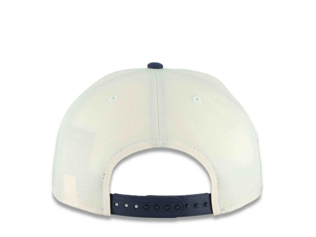 San Diego Padres New Era MLB 9FIFTY 950 Snapback Cap Hat Cream Crown Navy Blue Visor Navy Blue/Orange Script Logo Swinging Friar Side Patch Green UV