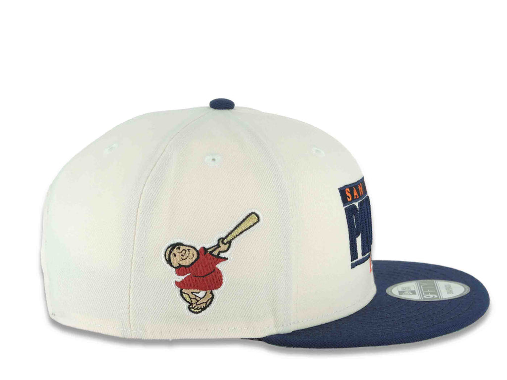 San Diego Padres New Era MLB 9FIFTY 950 Snapback Cap Hat Cream Crown Navy Blue Visor Navy Blue/Orange Script Logo Swinging Friar Side Patch Green UV