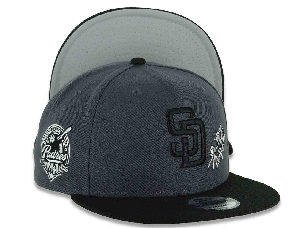San Diego Padres New Era MLB 9FIFTY 950 Snapback Cap Hat Dark Gray Crown Black Visor Black Logo With Rose 40th Anniversary Side Patch Gray UV