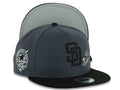 San Diego Padres New Era MLB 9FIFTY 950 Snapback Cap Hat Dark Gray Crown Black Visor Black Logo With Rose 40th Anniversary Side Patch Gray UV