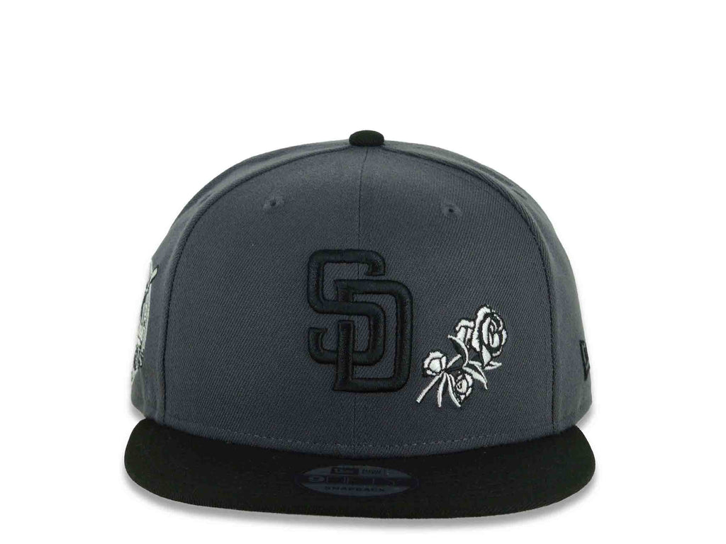 San Diego Padres New Era MLB 9FIFTY 950 Snapback Cap Hat Dark Gray Crown Black Visor Black Logo With Rose 40th Anniversary Side Patch Gray UV