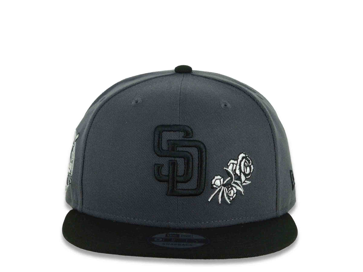 San Diego Padres New Era MLB 9FIFTY 950 Snapback Cap Hat Dark Gray Crown Black Visor Black Logo With Rose 40th Anniversary Side Patch Gray UV