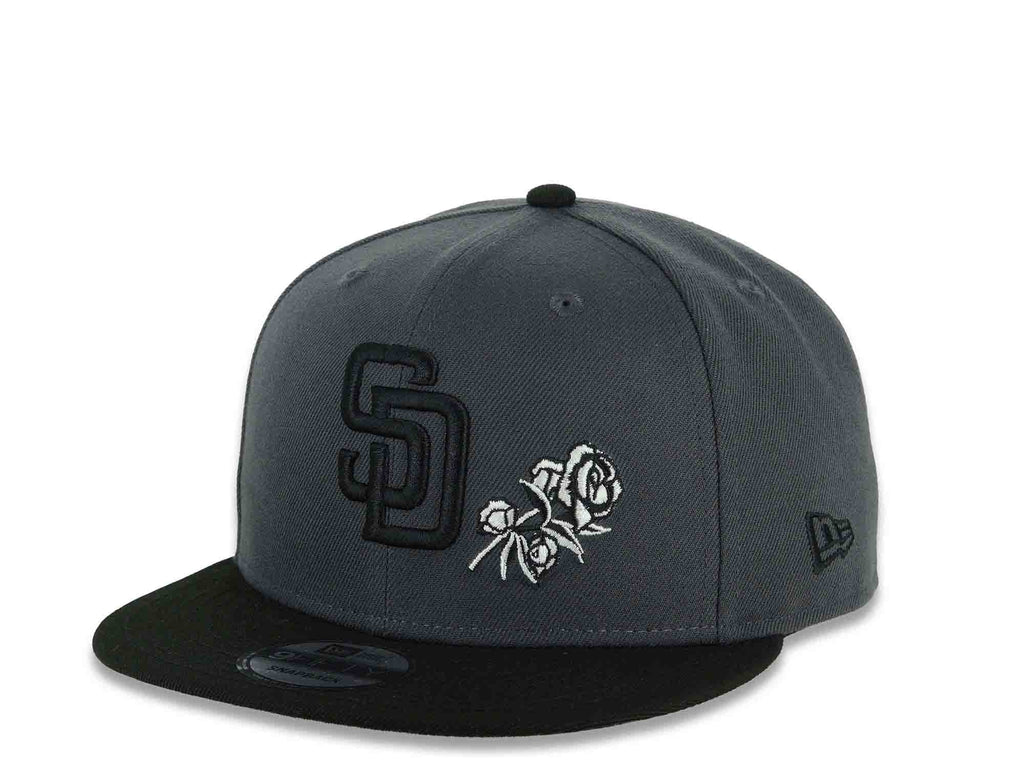 San Diego Padres New Era MLB 9FIFTY 950 Snapback Cap Hat Dark Gray Crown Black Visor Black Logo With Rose 40th Anniversary Side Patch Gray UV
