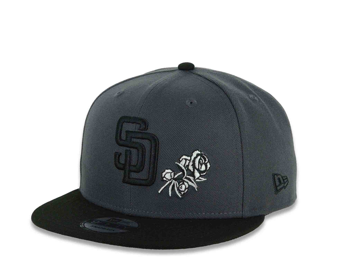San Diego Padres New Era MLB 9FIFTY 950 Snapback Cap Hat Dark Gray Crown Black Visor Black Logo With Rose 40th Anniversary Side Patch Gray UV