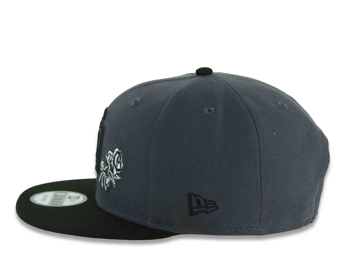San Diego Padres New Era MLB 9FIFTY 950 Snapback Cap Hat Dark Gray Crown Black Visor Black Logo With Rose 40th Anniversary Side Patch Gray UV