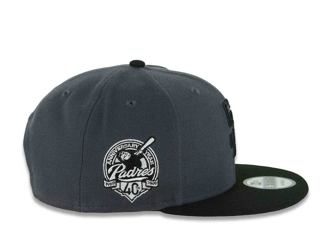 San Diego Padres New Era MLB 9FIFTY 950 Snapback Cap Hat Dark Gray Crown Black Visor Black Logo With Rose 40th Anniversary Side Patch Gray UV