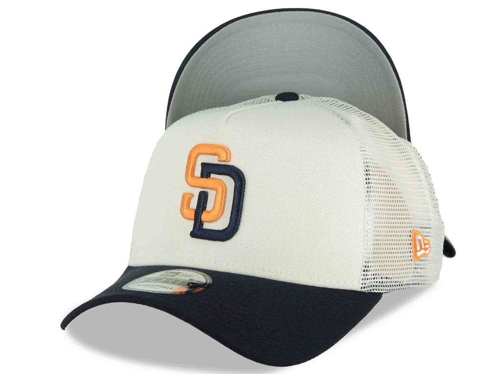 San Diego Padres New Era MLB 9FORTY 940 Adjustable A-Frame Mesh Trucker Cap Hat Cream Crown Navy Blue Visor Orange/Navy Blue Logo (2026 City Connect)