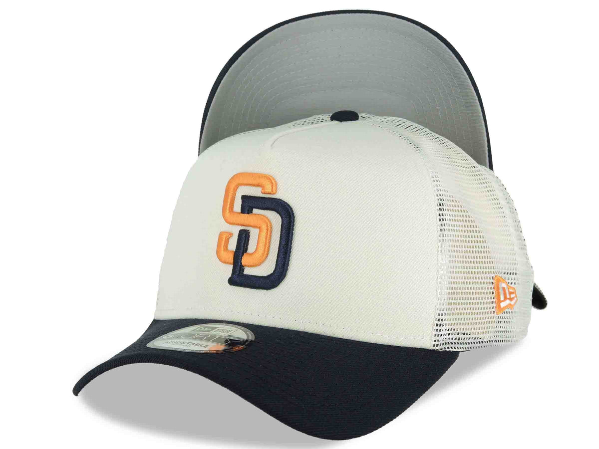 San Diego Padres New Era MLB 9FORTY 940 Adjustable A-Frame Mesh Trucker Cap Hat Cream Crown Navy Blue Visor Orange/Navy Blue Logo (2026 City Connect)