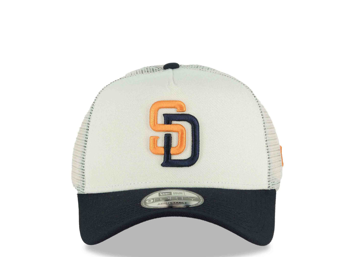 San Diego Padres New Era MLB 9FORTY 940 Adjustable A-Frame Mesh Trucker Cap Hat Cream Crown Navy Blue Visor Orange/Navy Blue Logo (2026 City Connect)